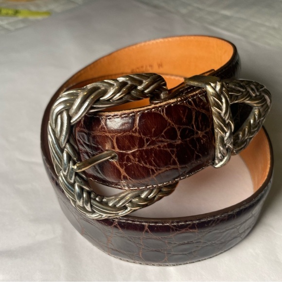 Vintage Brighton Brown Leather Western Silver Buckle Belt crocodile embossed - Picture 10 of 14